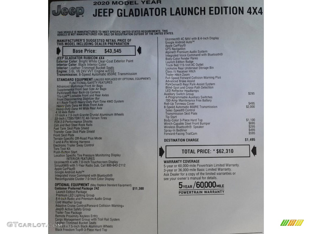 2020 Jeep Gladiator Rubicon 4x4 Window Sticker Photo #134628191