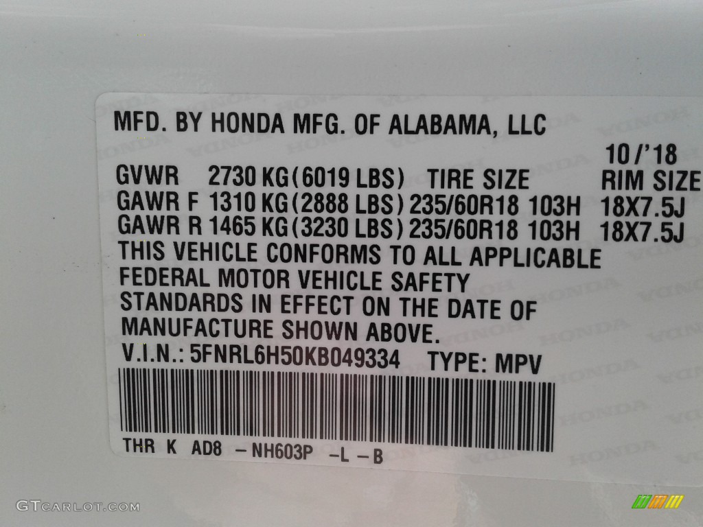 2019 Honda Odyssey EX Color Code Photos