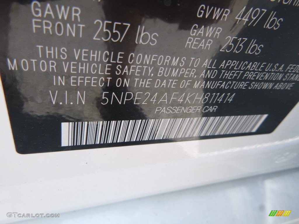 2019 Sonata SE - Quartz White Pearl / Black photo #12
