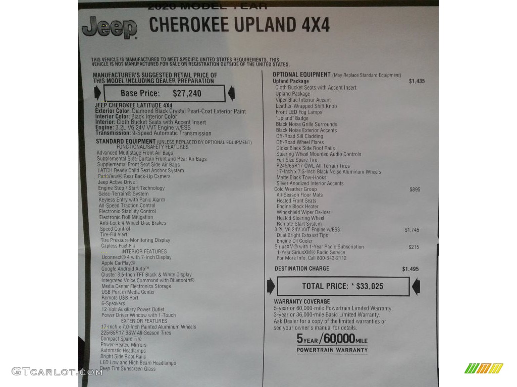2020 Cherokee Upland 4x4 - Diamond Black Crystal Pearl / Black photo #33