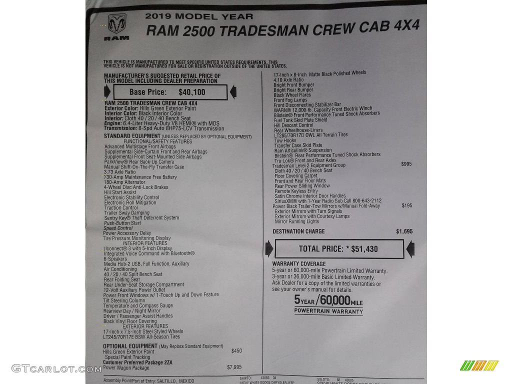 2019 Ram 2500 Tradesman Crew Cab 4x4 Power Wagon Package Window Sticker Photo #134718470