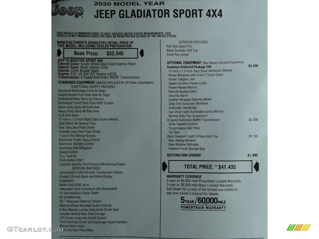 2020 Gladiator Sport 4x4 - Bright White / Black photo #28