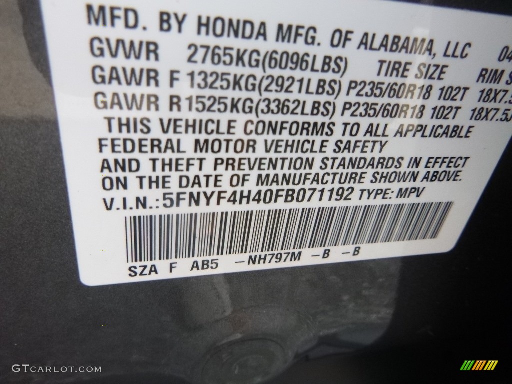 2015 Pilot EX 4WD - Modern Steel Metallic / Gray photo #15