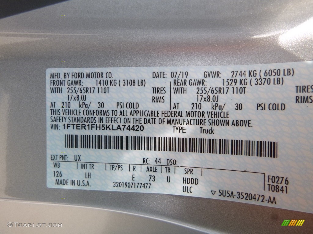 2019 Ranger Color Code UX for Ingot Silver Metallic Photo #134748156