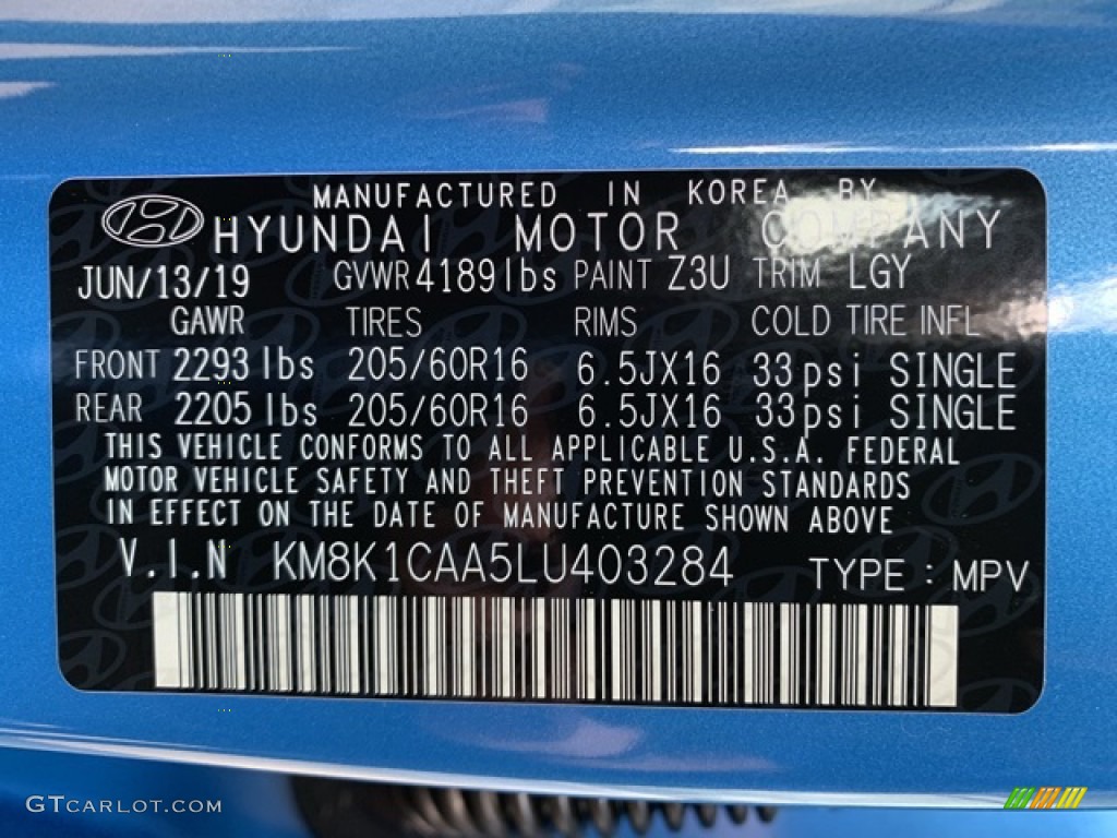 2020 Kona Color Code Z3U for Surf Blue Photo #134757102