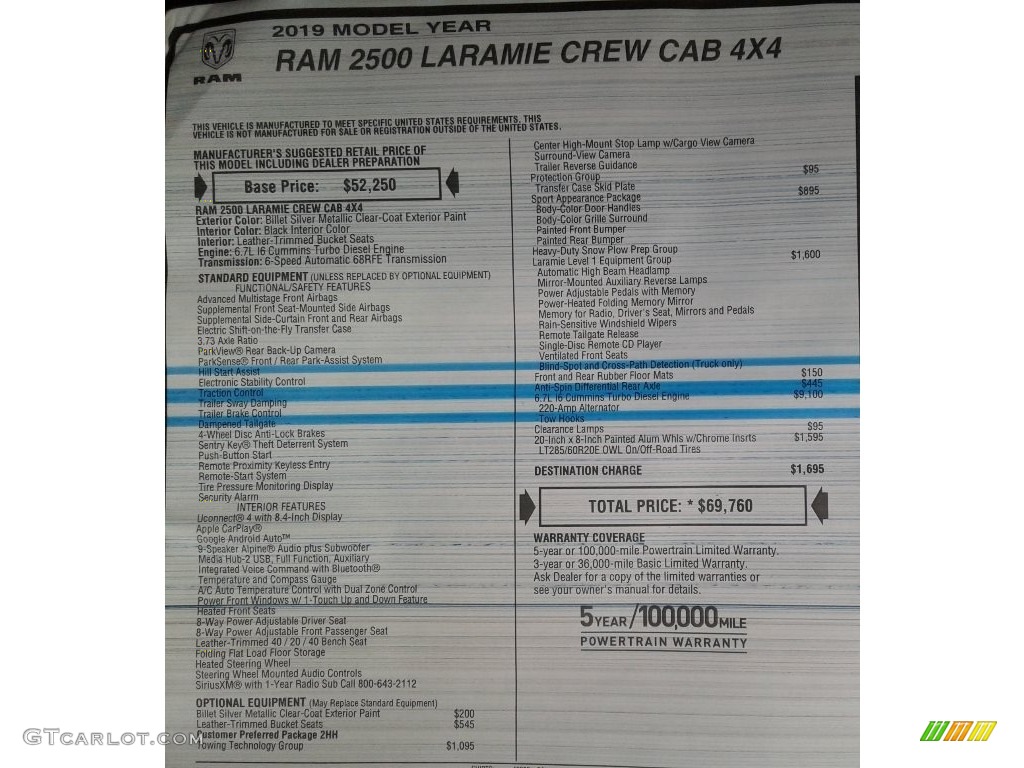 2019 Ram 2500 Laramie Crew Cab 4x4 Window Sticker Photo #134761350