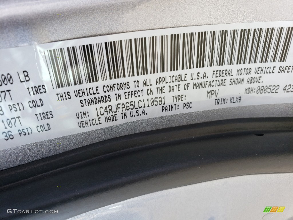 2020 Grand Cherokee Color Code PSC for Billet Silver Metallic Photo #134787070