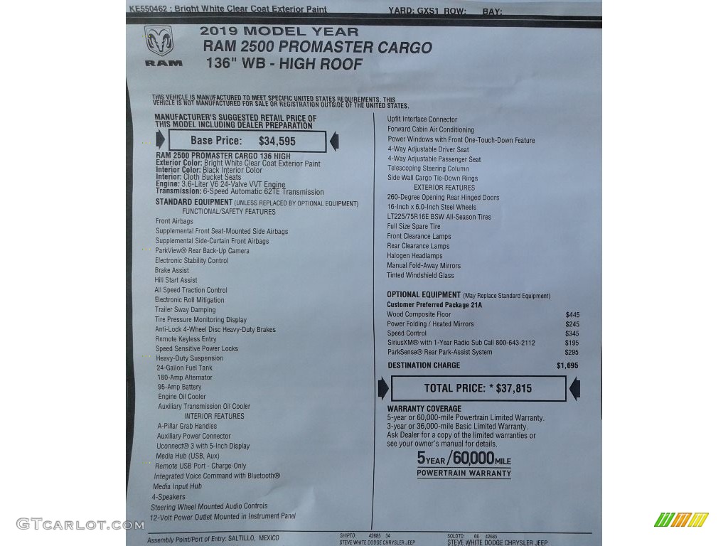 2019 ProMaster 2500 High Roof Cargo Van - Bright White / Black photo #27