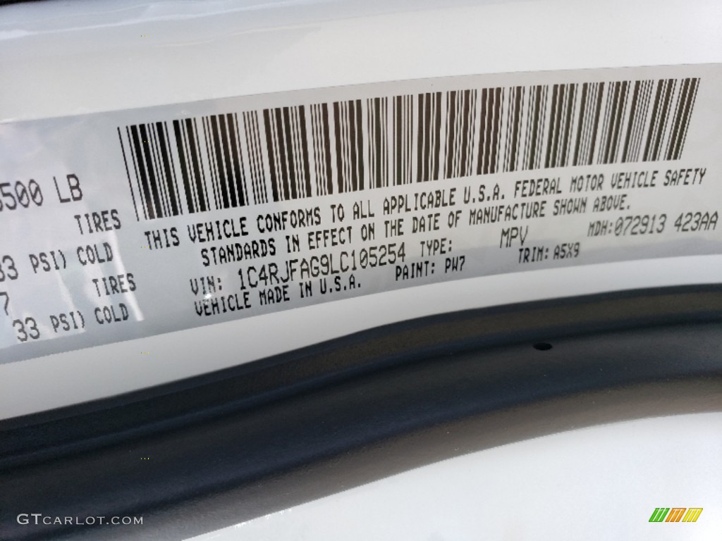 2020 Grand Cherokee Color Code PW7 for Bright White Photo #134808605