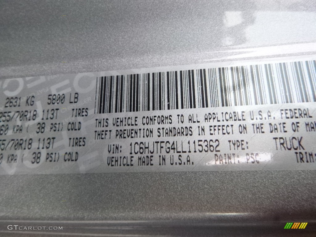 2020 Gladiator Color Code PSC for Billet Silver Metallic Photo #134813644