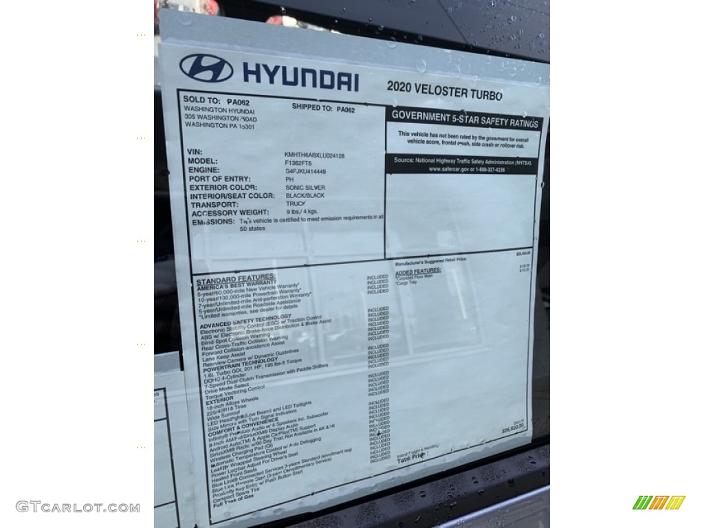 2020 Hyundai Veloster Turbo Window Sticker Photo #134864631