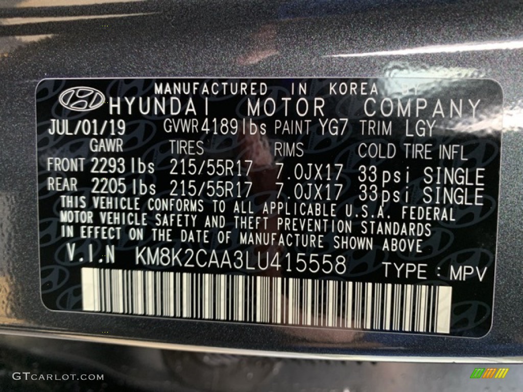 2020 Kona Color Code YG7 for Thunder Gray Photo #134865096