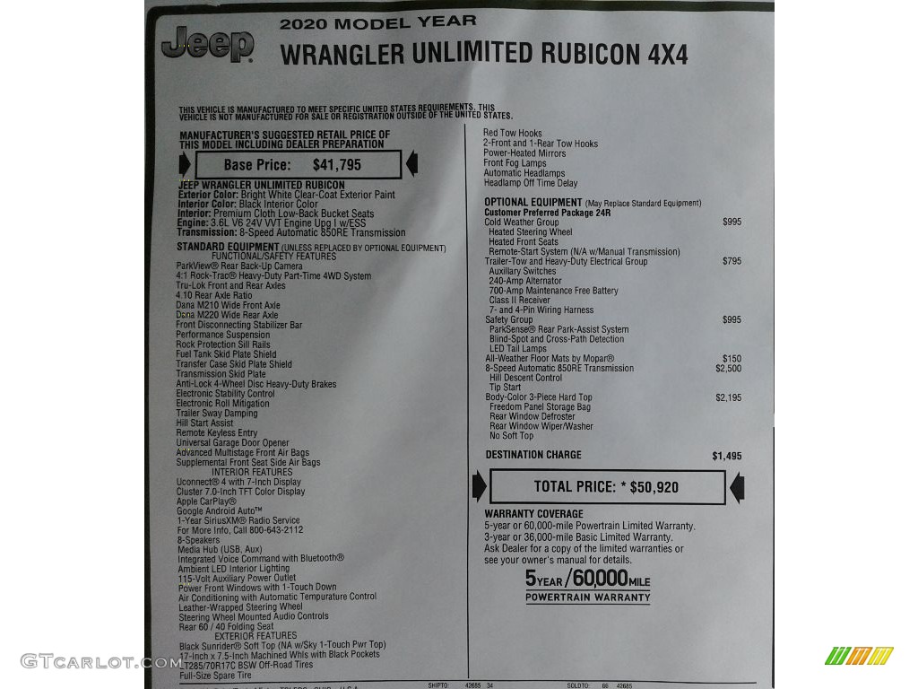 2020 Wrangler Unlimited Rubicon 4x4 - Bright White / Black photo #32