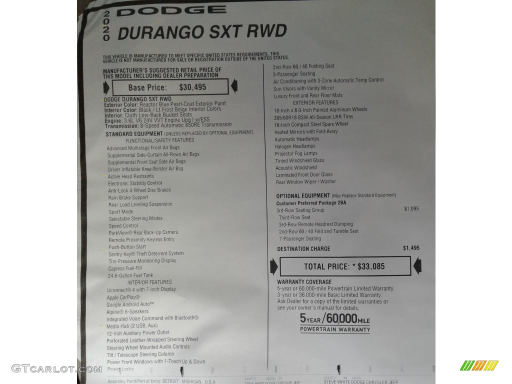 2020 Dodge Durango SXT Window Sticker Photo #134906356