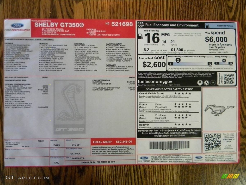 2017 Ford Mustang Shelby GT350 Window Sticker Photos