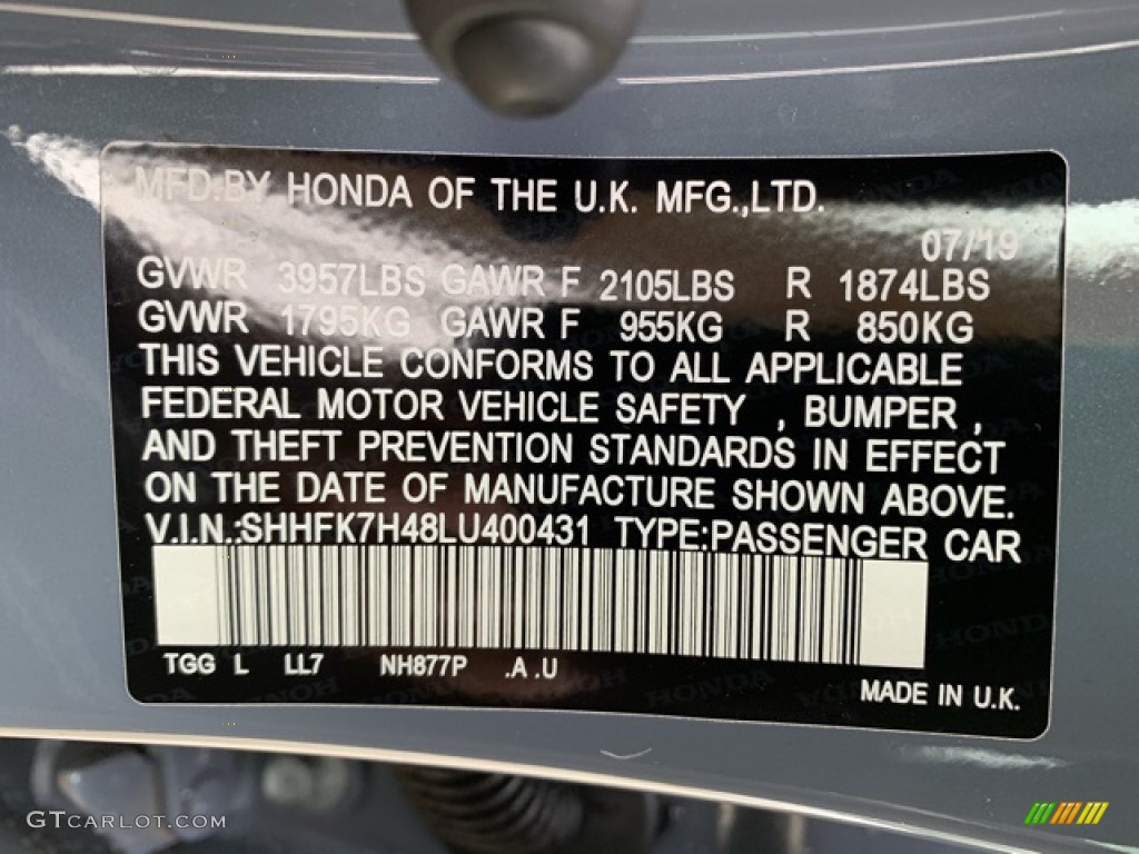 2020 Civic Color Code NH877P for Sonic Gray Pearl Photo #134941768