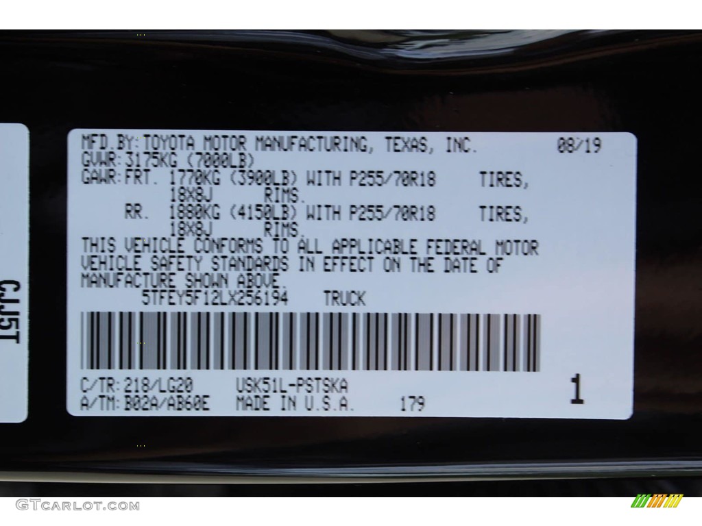 2020 Tundra Color Code 218 for Midnight Black Metallic Photo #135006726