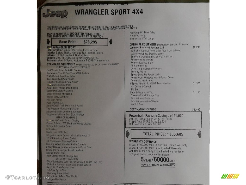 2020 Wrangler Sport 4x4 - Black / Black/Heritage Tan photo #30