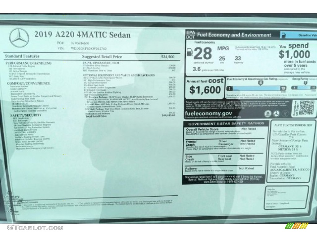 2019 Mercedes-Benz A 220 4Matic Sedan Window Sticker Photo #135032427