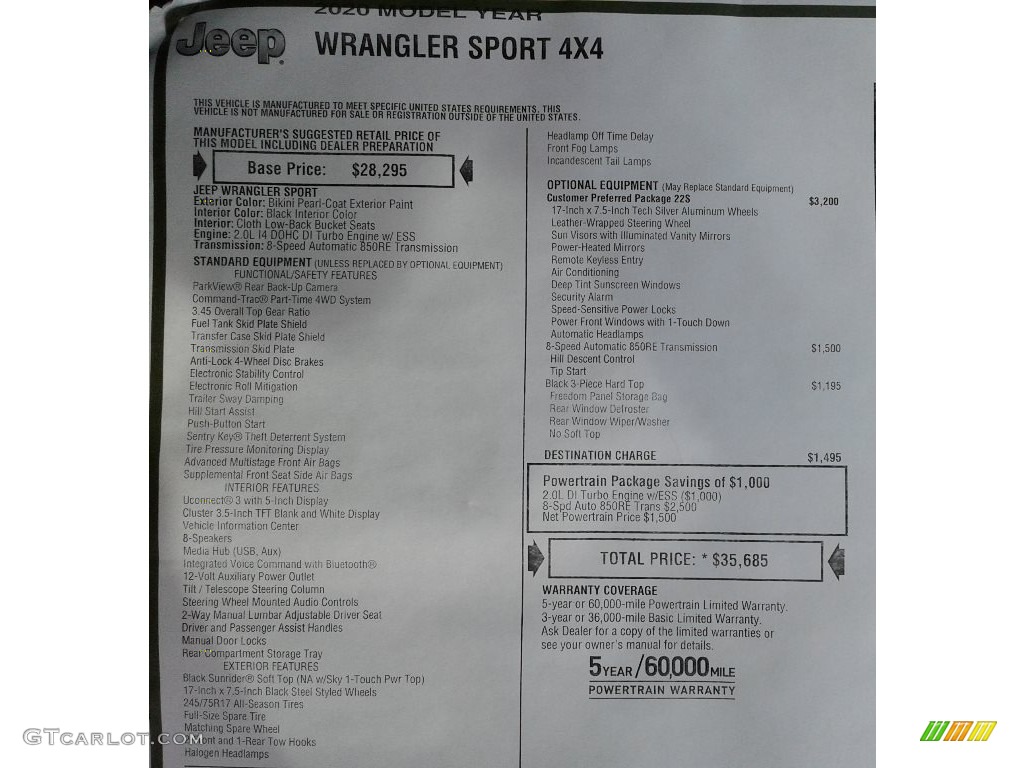 2020 Jeep Wrangler Sport 4x4 Window Sticker Photo #135058339