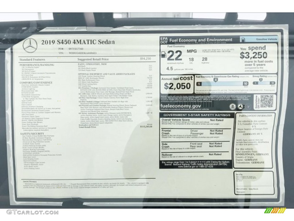 2019 Mercedes-Benz S 450 4Matic Sedan Window Sticker Photo #135227778