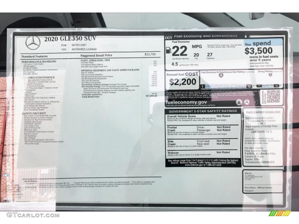 2020 Mercedes-Benz GLE 350 Window Sticker Photo #135231108