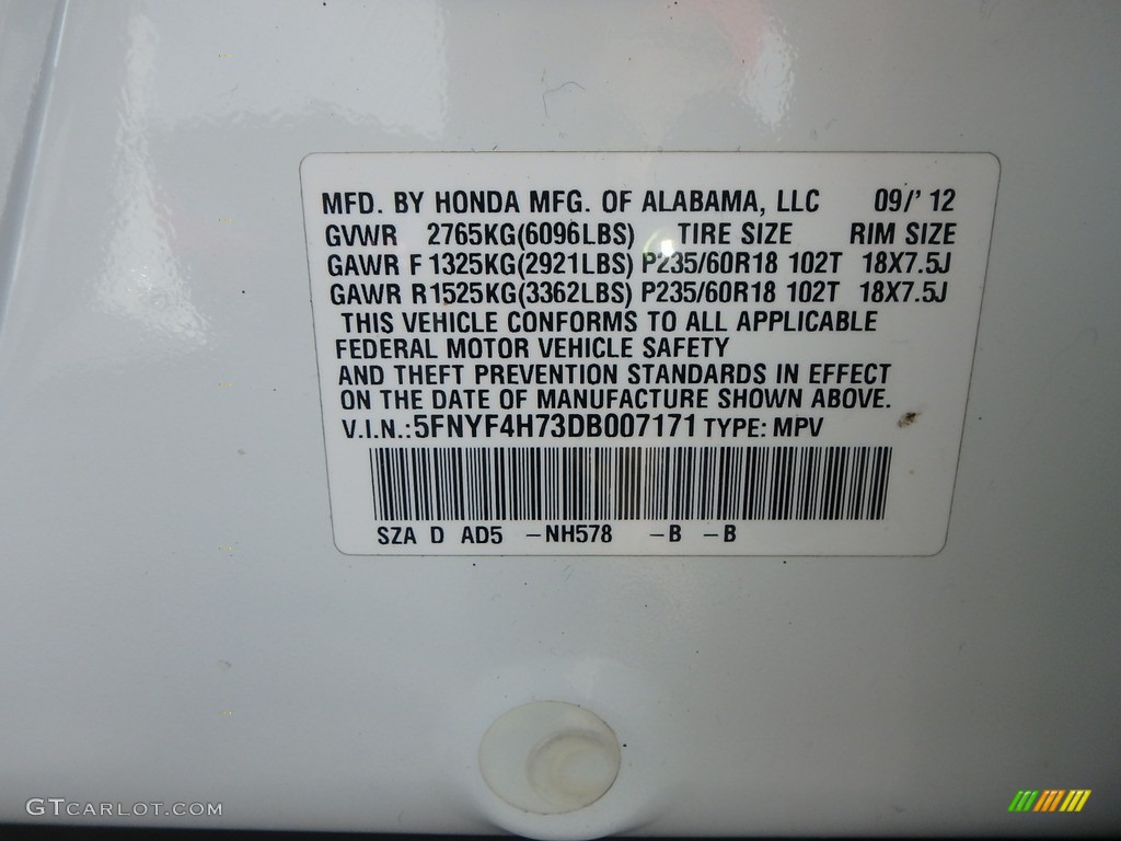 2013 Pilot EX-L 4WD - Taffeta White / Gray photo #15