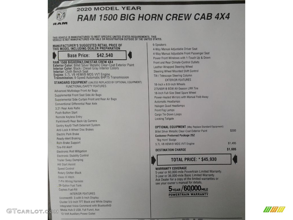 2020 1500 Big Horn Crew Cab 4x4 - Billet Silver Metallic / Black/Diesel Gray photo #29