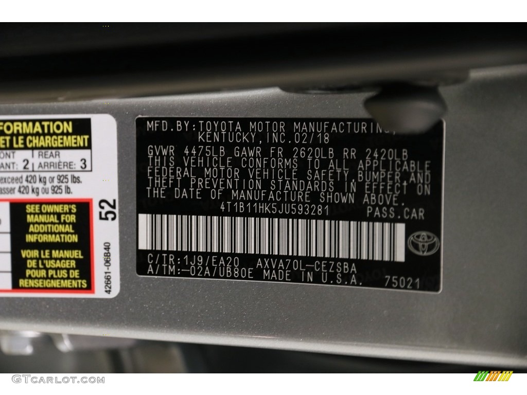 2018 Toyota Camry SE Color Code Photos