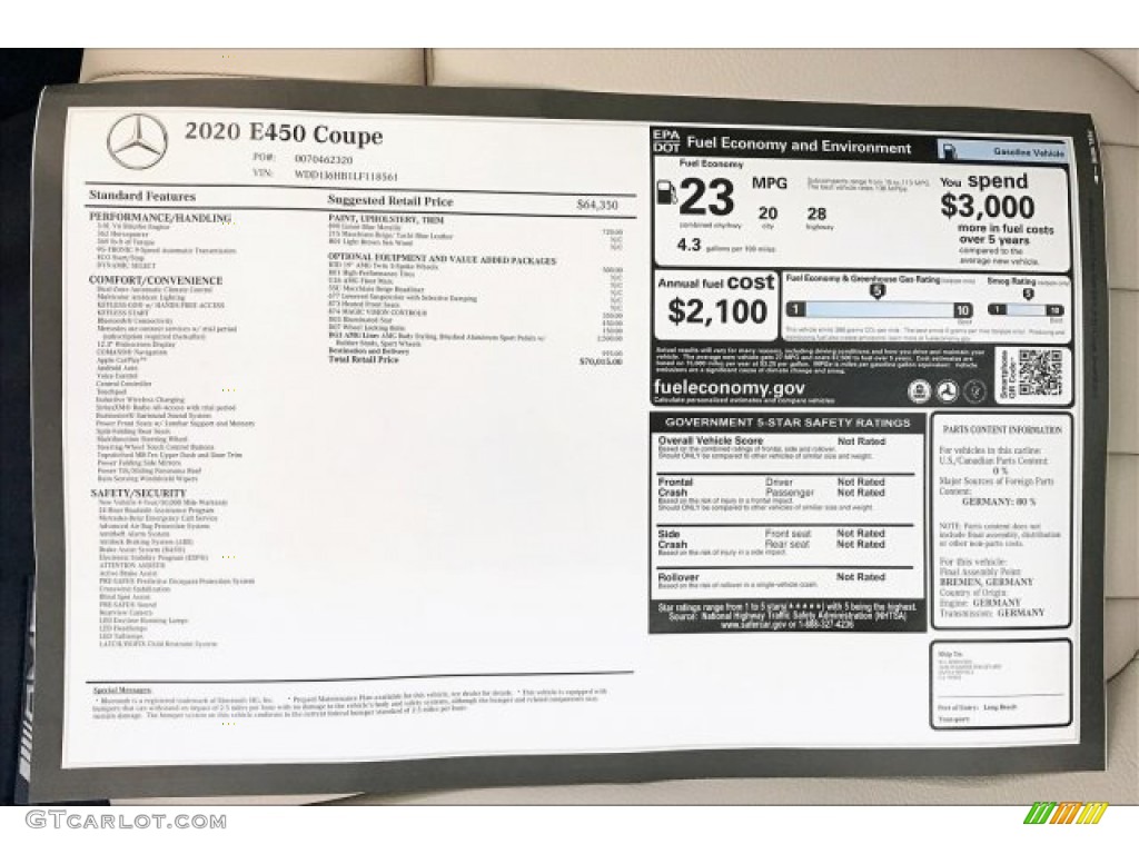 2020 Mercedes-Benz E 450 Coupe Window Sticker Photo #135281067