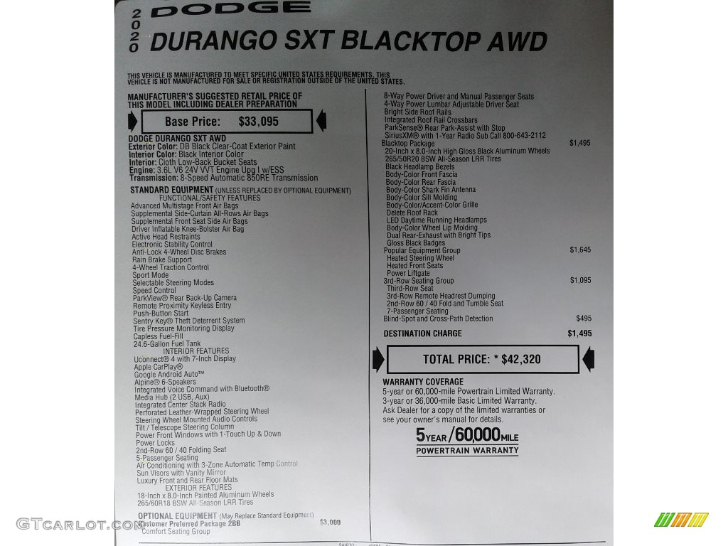 2020 Dodge Durango SXT AWD Window Sticker Photos