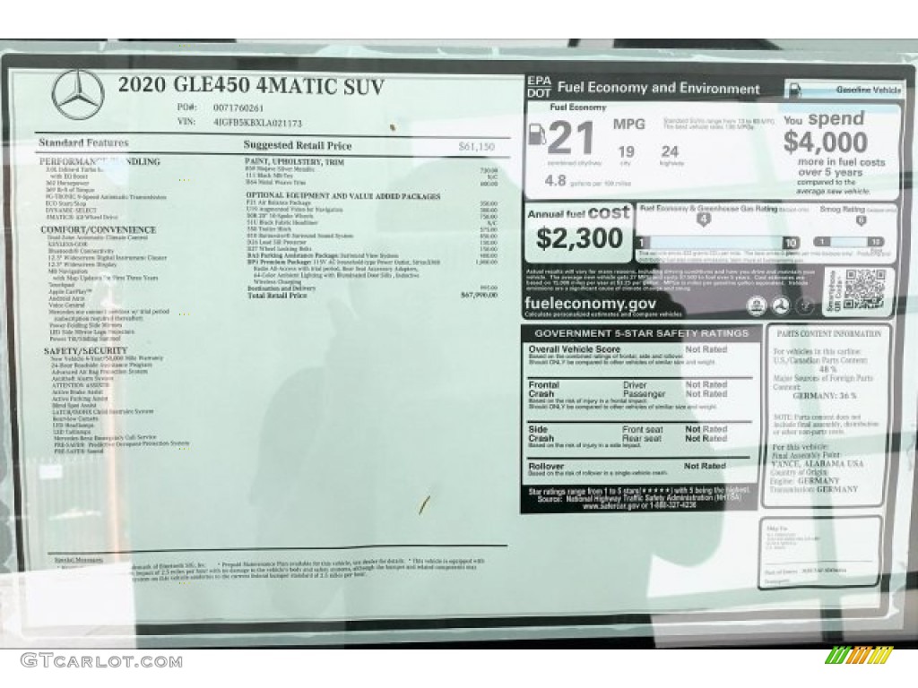 2020 Mercedes-Benz GLE 450 4Matic Window Sticker Photo #135282042