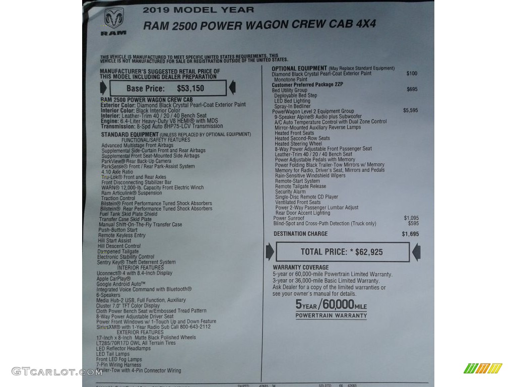 2019 Ram 2500 Power Wagon Crew Cab 4x4 Window Sticker Photo #135302921