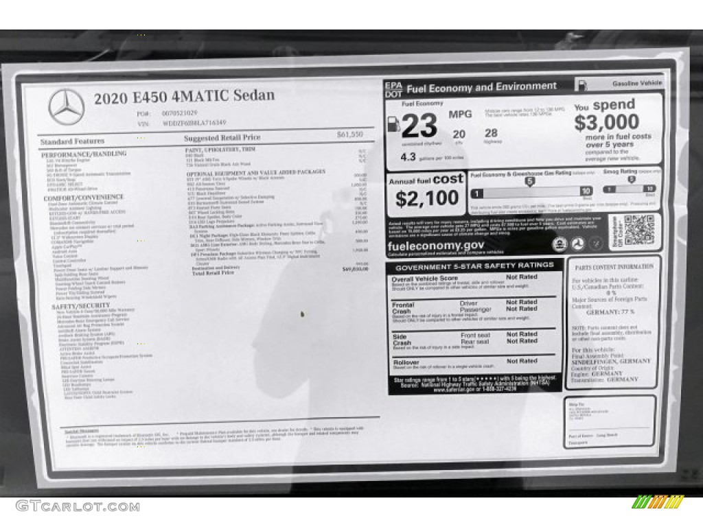 2020 Mercedes-Benz E 450 4Matic Sedan Window Sticker Photo #135308848