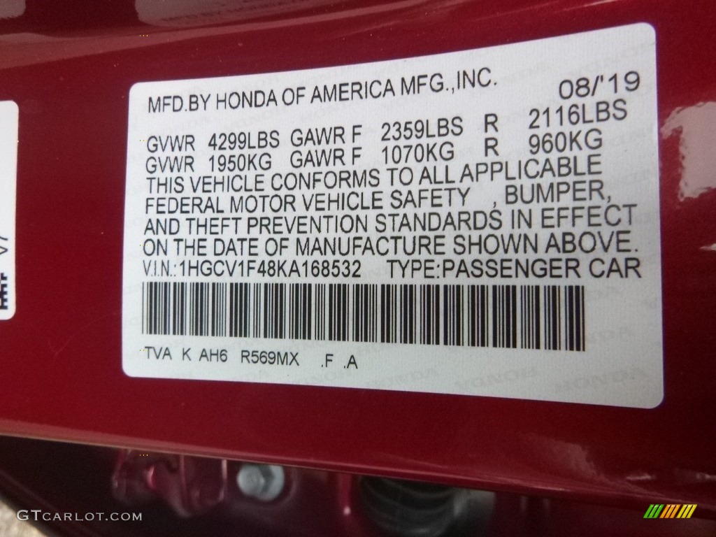 2019 Accord Color Code R569MX for Radiant Red Metallic Photo #135316714