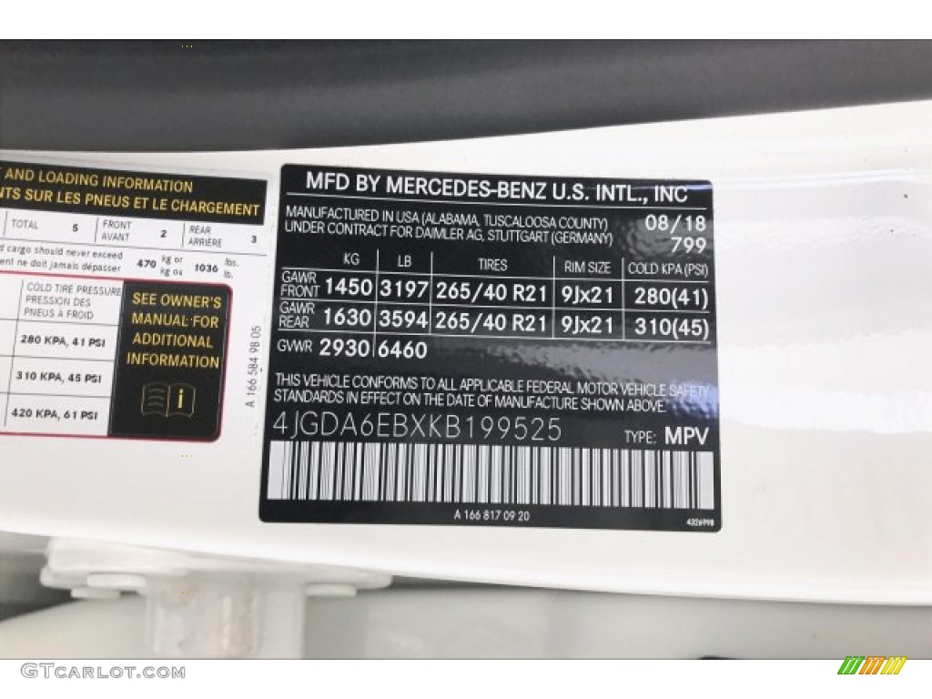 2019 GLE Color Code 799 for designo Diamond White Metallic Photo #135330016