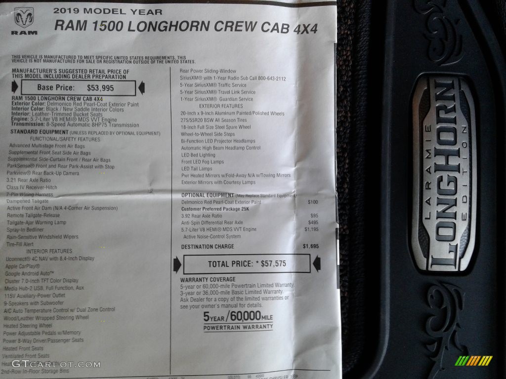 2019 1500 Long Horn Crew Cab 4x4 - Delmonico Red Pearl / Black/New Saddle photo #39
