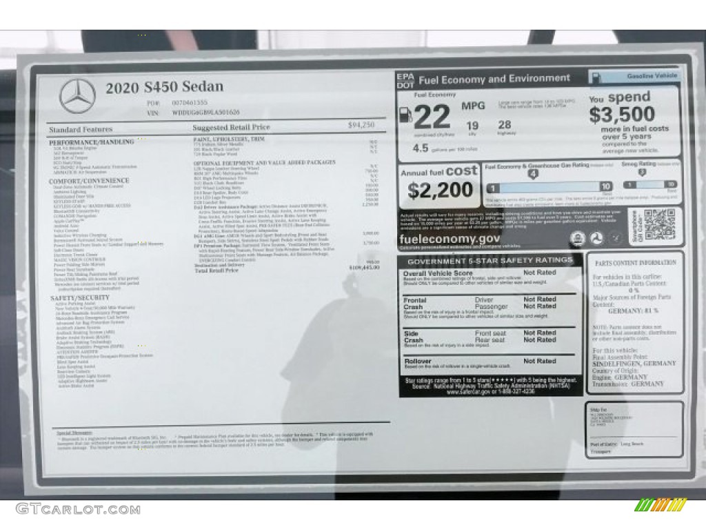 2020 Mercedes-Benz S 450 Sedan Window Sticker Photo #135346753