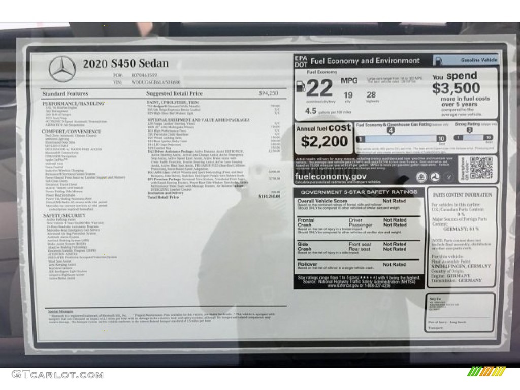 2020 Mercedes-Benz S 450 Sedan Window Sticker Photo #135348653