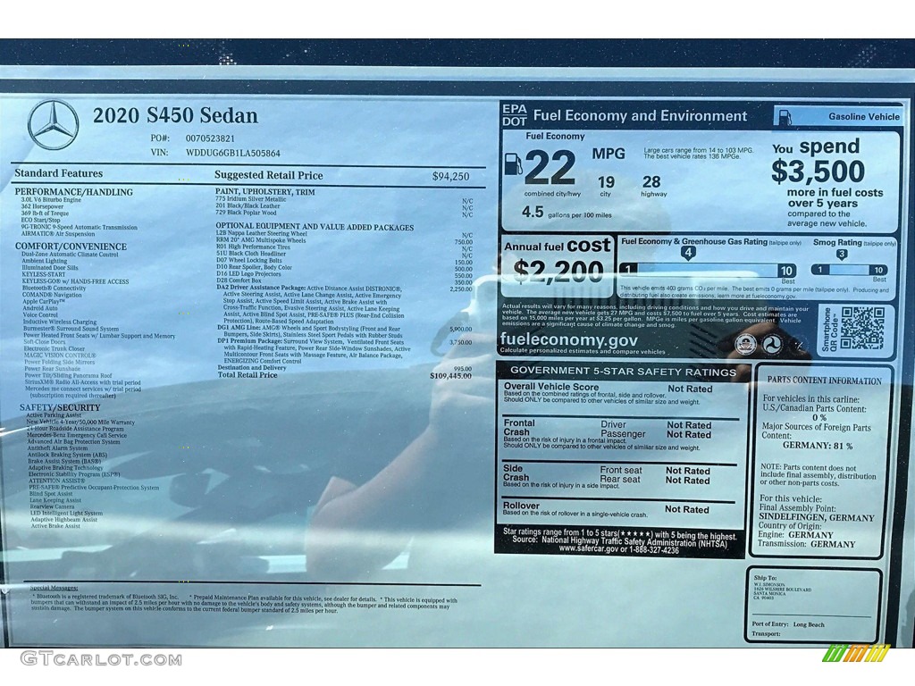 2020 Mercedes-Benz S 450 Sedan Window Sticker Photo #135349076