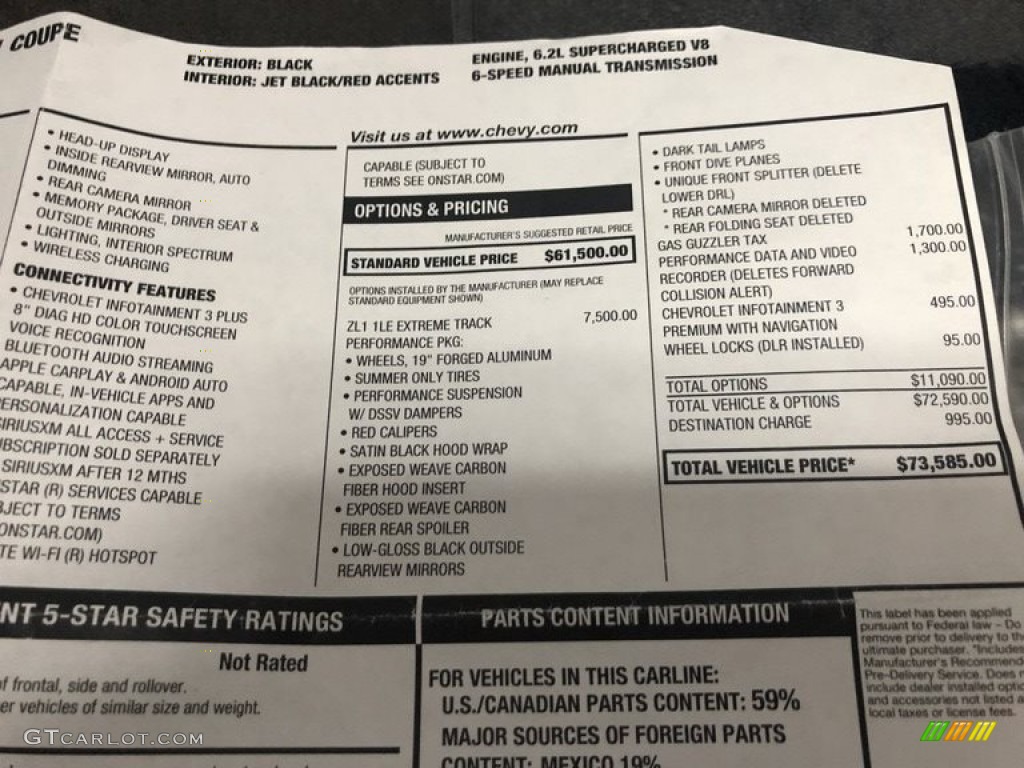 2019 Chevrolet Camaro ZL1 Coupe Window Sticker Photo #135349121
