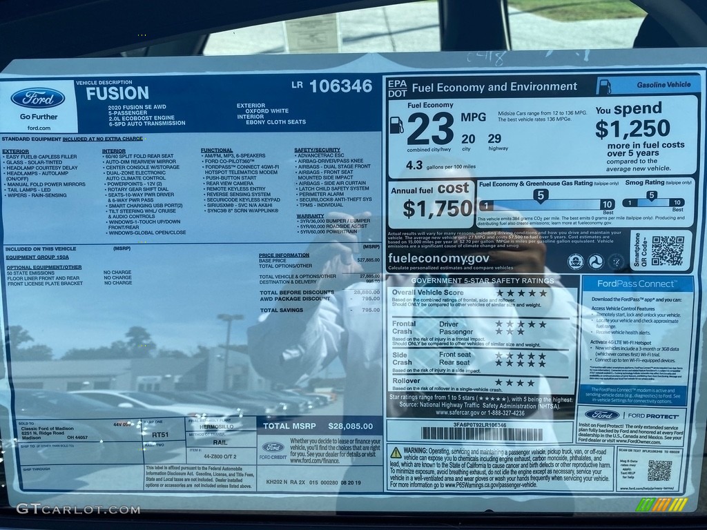 2020 Ford Fusion SE Window Sticker Photo #135355268