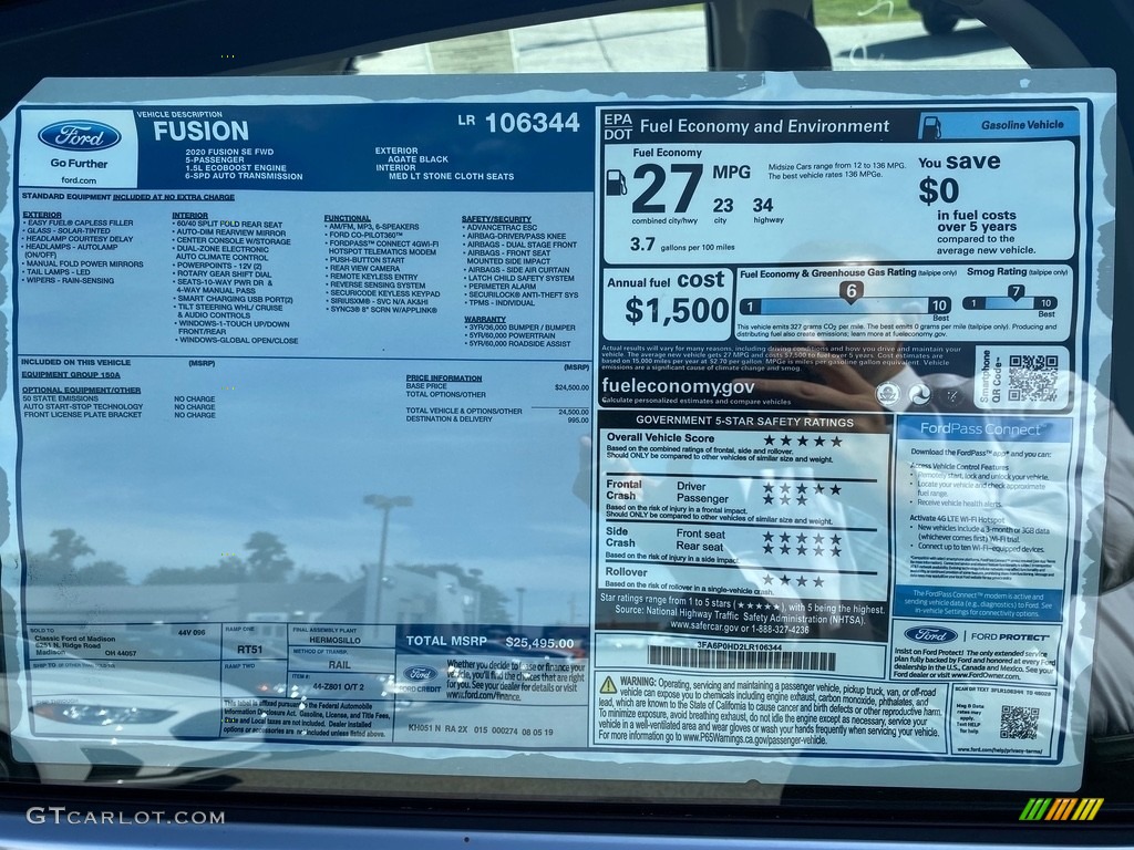 2020 Ford Fusion SE Window Sticker Photo #135355787