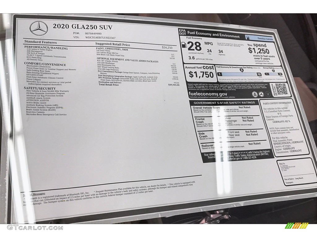 2020 Mercedes-Benz GLA 250 Window Sticker Photo #135359810