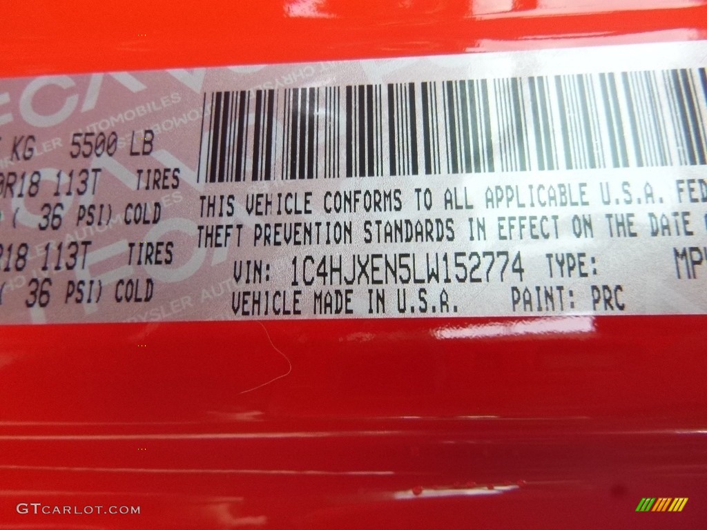 2020 Wrangler Unlimited Color Code PRC for Firecracker Red Photo #135368901