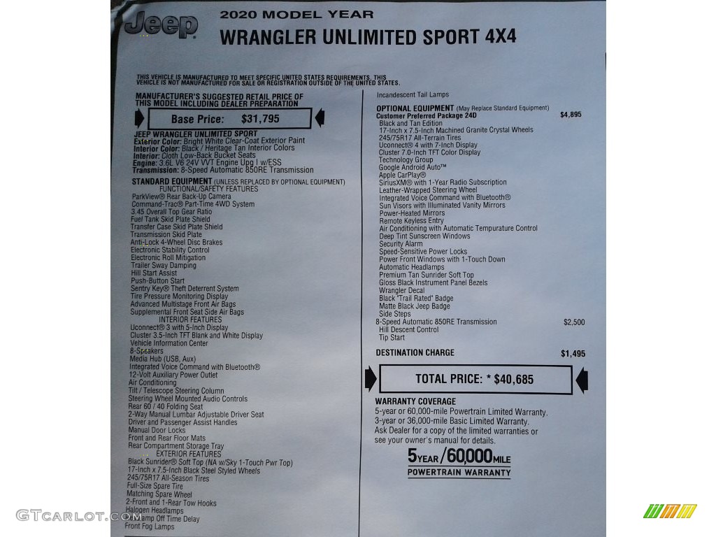2020 Wrangler Unlimited Sport 4x4 - Bright White / Black photo #31
