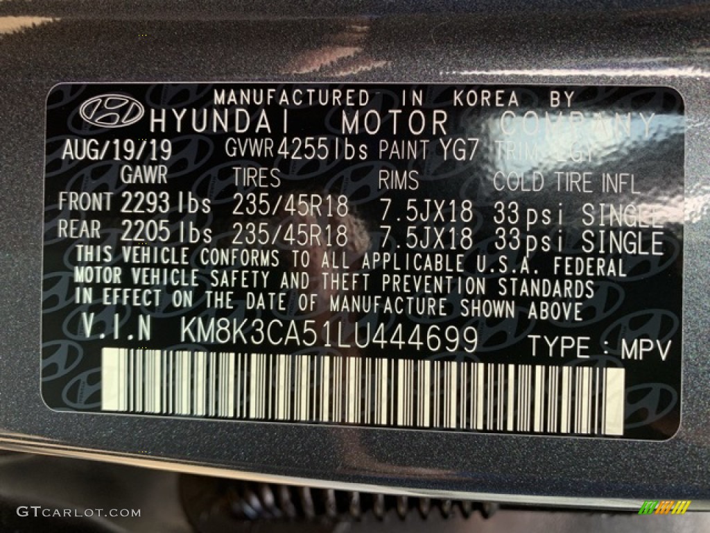 2020 Kona Color Code YG7 for Thunder Gray Photo #135425471