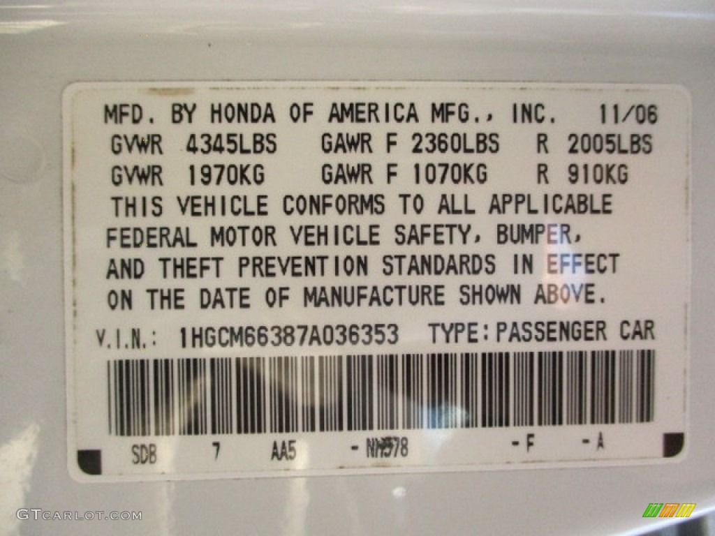 2007 Accord LX V6 Sedan - Taffeta White / Ivory photo #91
