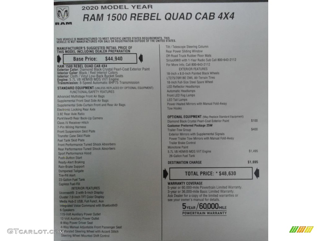 2020 Ram 1500 Rebel Quad Cab 4x4 Window Sticker Photo #135459596