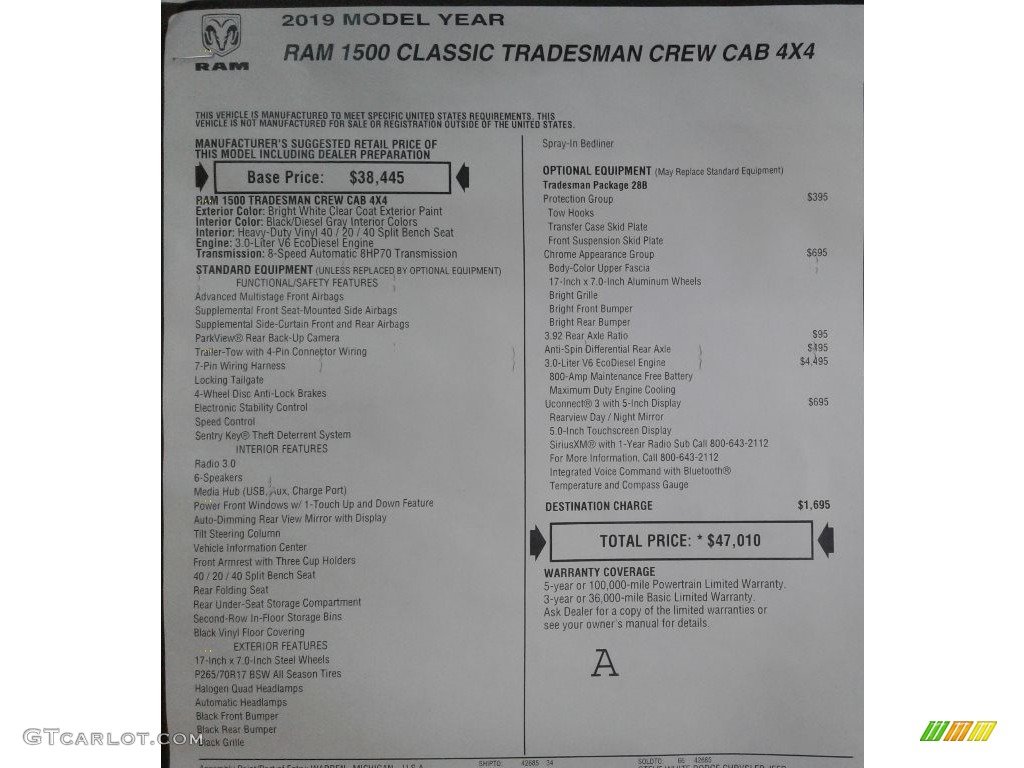 2019 1500 Classic Tradesman Crew Cab 4x4 - Bright White / Black/Diesel Gray photo #28